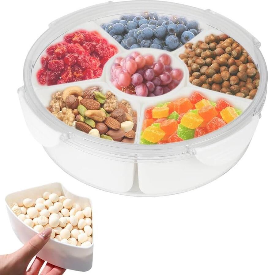 Ronde verdeelde dienblad met deksel 6 vakken lekvrij uitneembare gedeelde dienbladen snackbox vershouddoos hot pot serveerschaal voor snoep veganistisch fruit snackbox
