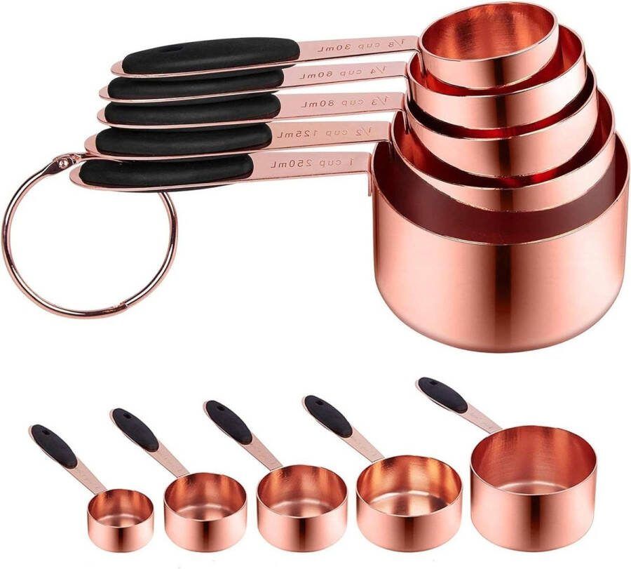Verdikte roestvrijstalen maatlepel set 5 delig maatbekers met ring voor bakken en koken roségoud kopjes 30ml 60ml 80ml 125ml 250ml