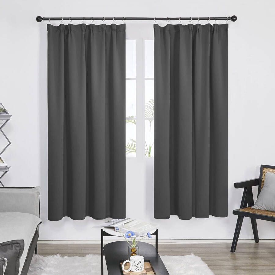 Verduisterende Gordijnen Plooiband 132x229 cm (B x H) Donkergrijs 2 stuks Moderne Gordijnen Warmte-isolerend voor Woonkamer Slaapkamer
