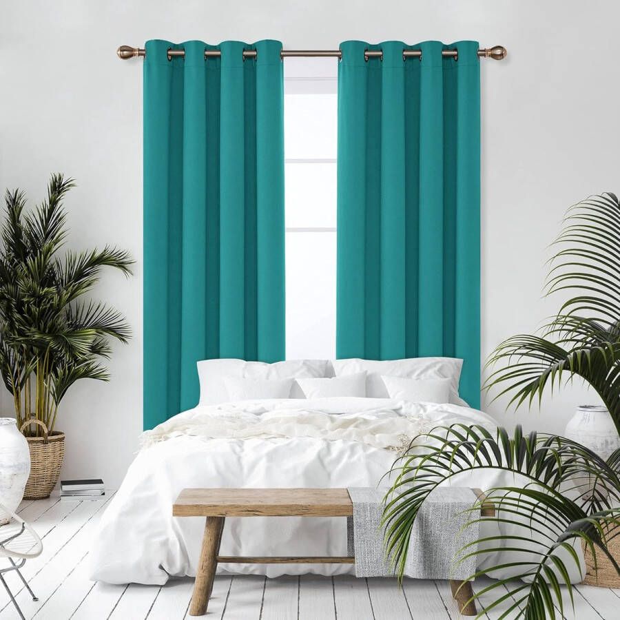 Verduisterende gordijnen warmte-isolerend voor woonkamer en slaapkamer modern design met oogjes 107 x 160 cm (breedte x hoogte) turquoise 2 stuks