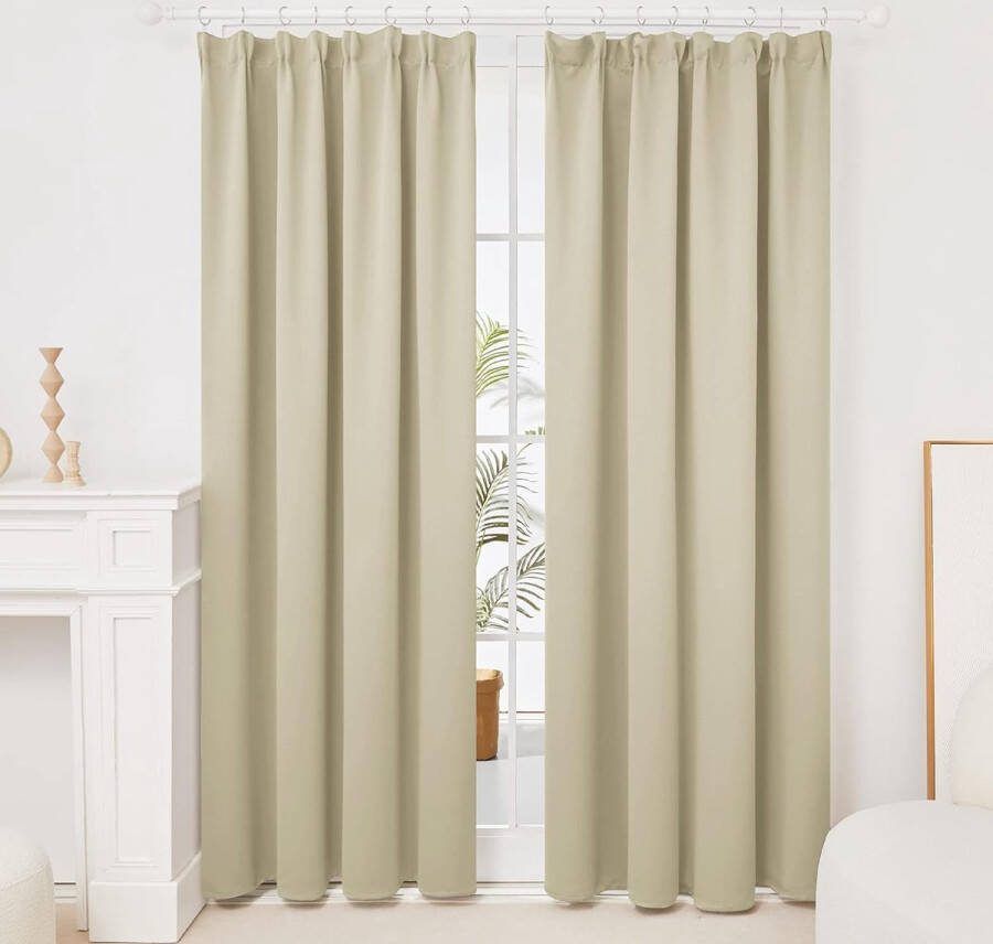 Verduisteringsgordijn met Plooiband Kant en Klaar Gordijn Rimpelband Gordijnen Moderne voor Woonkamer Beige 132x242 cm (B x H) 2 stuks