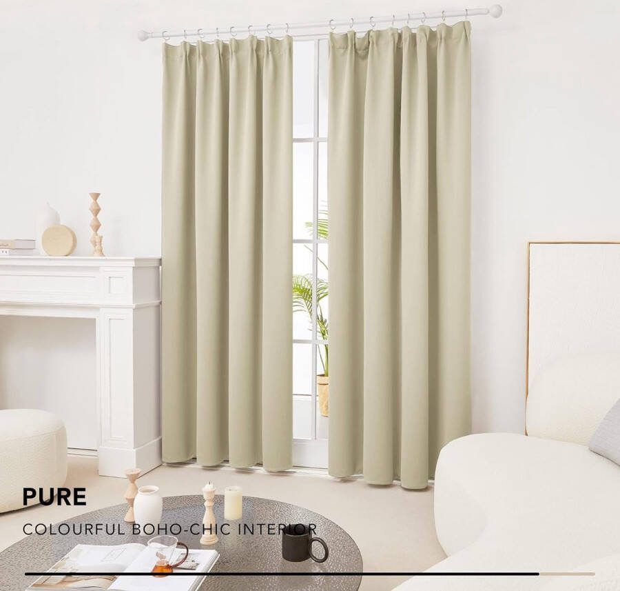 Verduisteringsgordijn met Plooiband Kant en Klaar Gordijn Rimpelband met Blackout Stof voor Woonkamer Beige 140x210 cm (B x H) 2 stuks