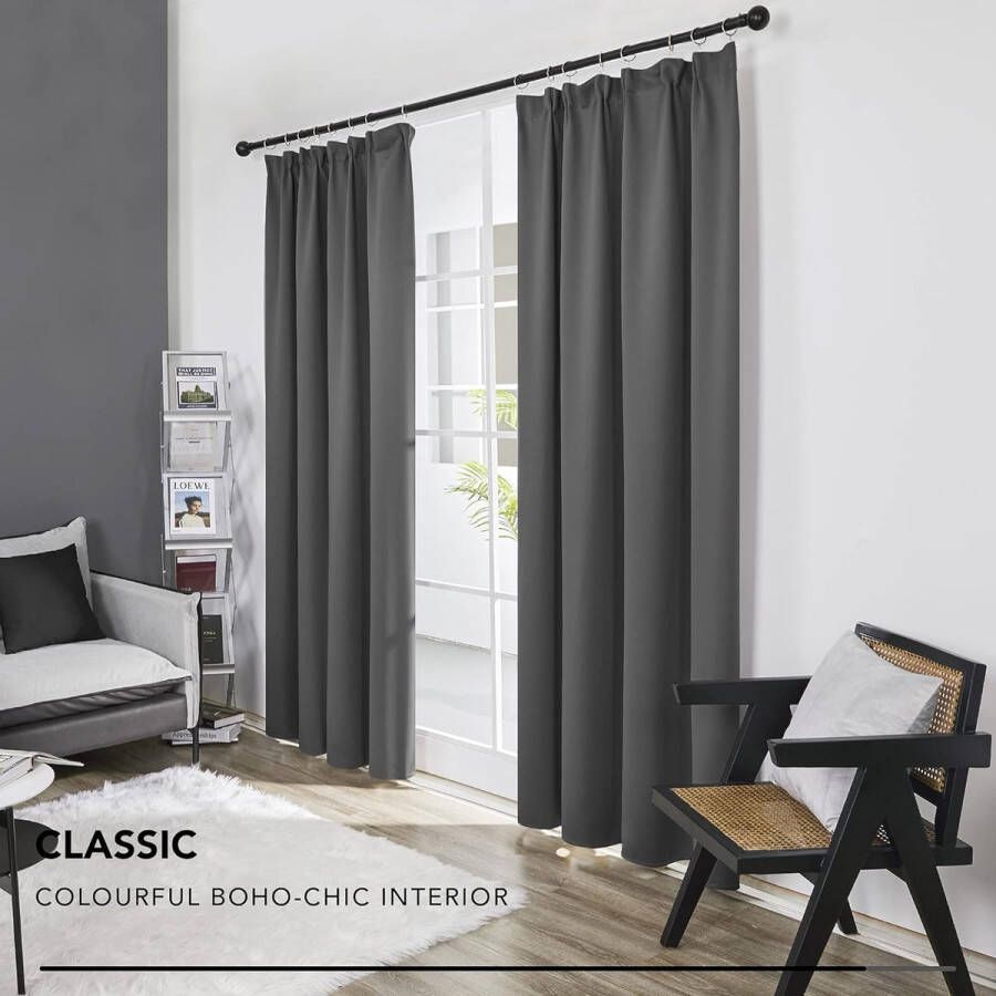 Verduisteringsgordijnen Plooiband 140x200 cm (B x H) Donkergrijs 2 stuks Gordijnen Warmte-isolerend voor Slaapkamer Raam