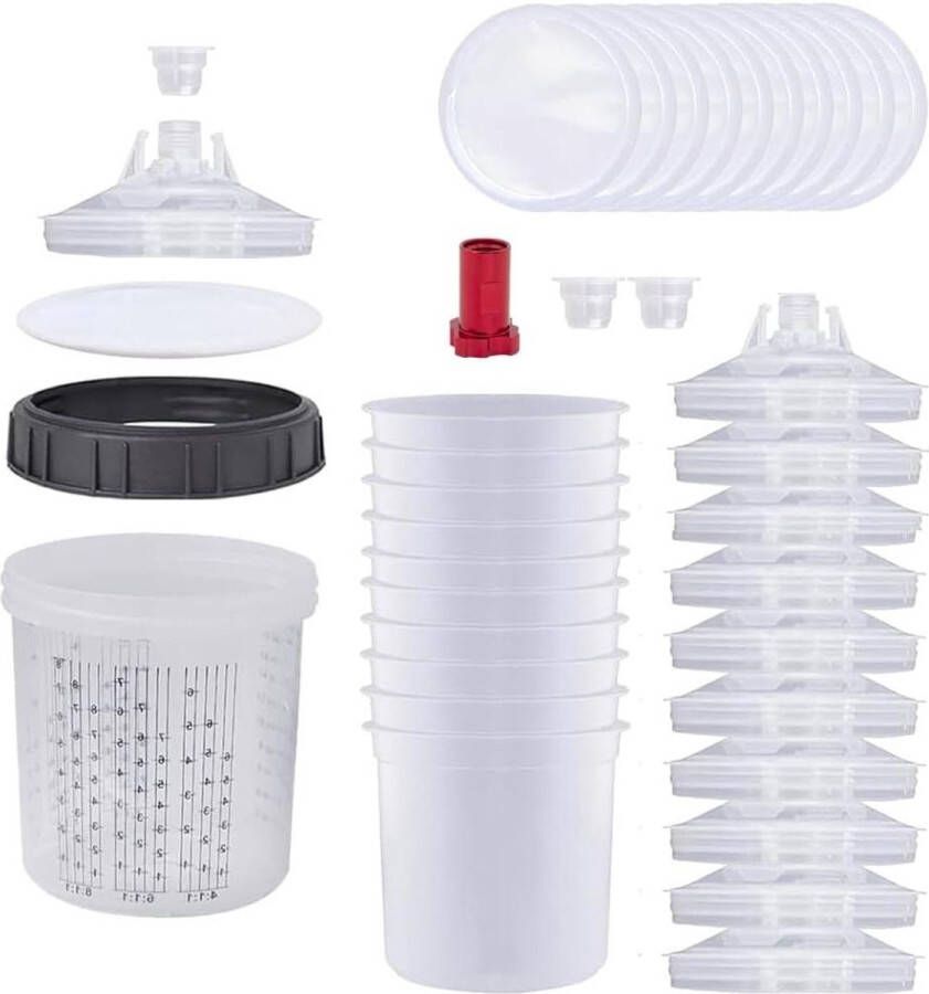 Verfspuitapparaat mengbeker deksel en voersysteem 10 bekerinzetstukken 10 deksels 10 filters 1 harde beker met houder 2 stekkers 1 adapter M16 x 15 (600 ml)