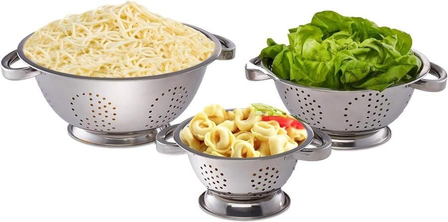 Vergiet set van 3 Ø 15 cm 20 cm & 25 cm roestvrij staal handgrepen afdruipzeef zilverkleurig sieve