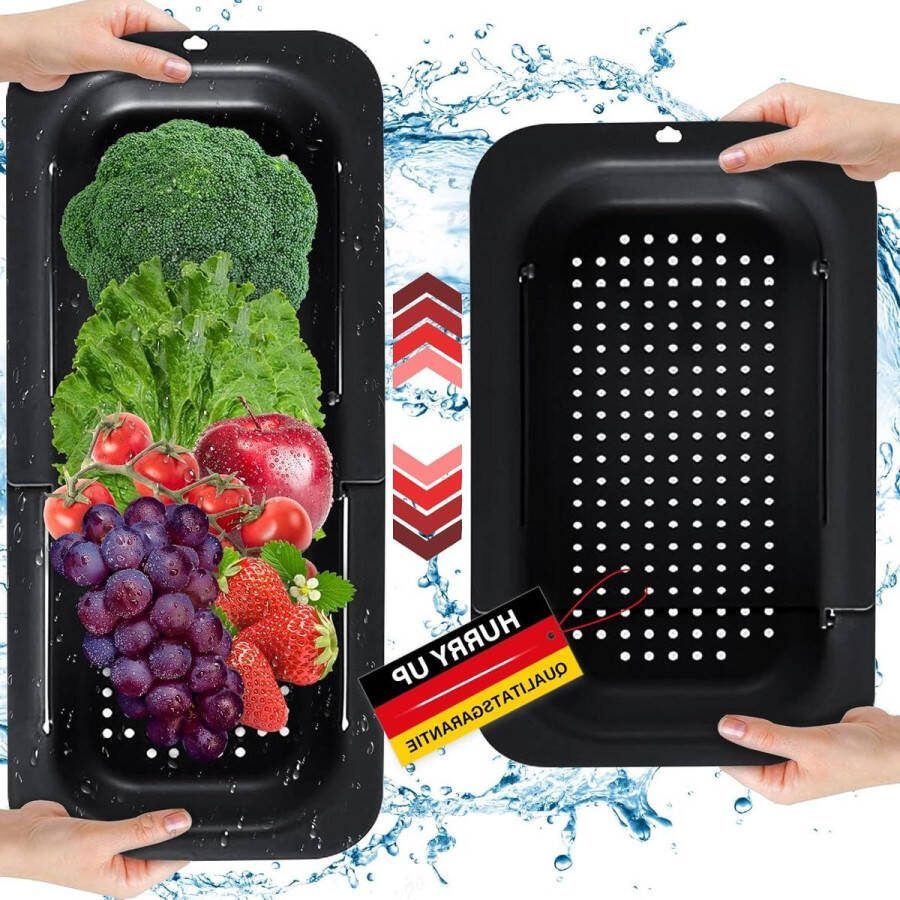 Vergiet spoelbak uittrekbaar multifunctioneel zeef voor wassen afdruipen groenten fruit pasta 2 stuks (345-48 cm zwart)