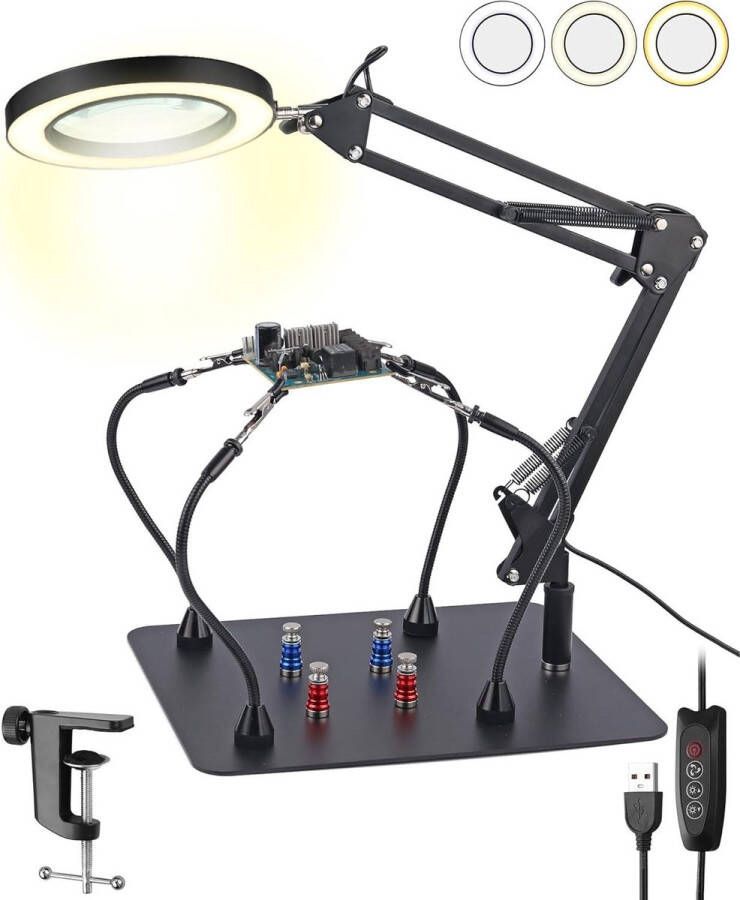 Vergrootlamp met Magnetische Helpende Handen Soldeerstation Vergrootglas met Licht Grote Base en Klem 4 PCB Board Vaste Kolom 72 LEDs Bureau Vergrootglas voor Solderen en Hobby's soldeerstations
