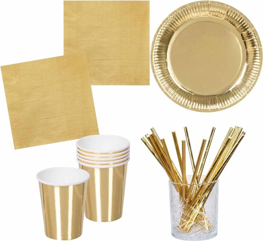 Verjaardag feest party tafel dekken set in het goud 24x bordjes 24x bekers 24x servetten en 40x rietjes Papier karton