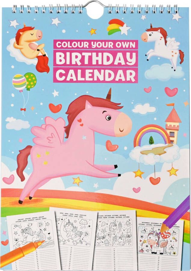 Verjaardagkalender Kleurboek Avonturen 'Colour your own Birthday Calendar' Verjaardagskalender Kleuren Kleurboeken voor Kinderen Tekenboek voor Kinderen Tekenen Kinderen Kleurplaten Tekenblok voor Kinderen 12 Pagina's 21 5 x 21 cm