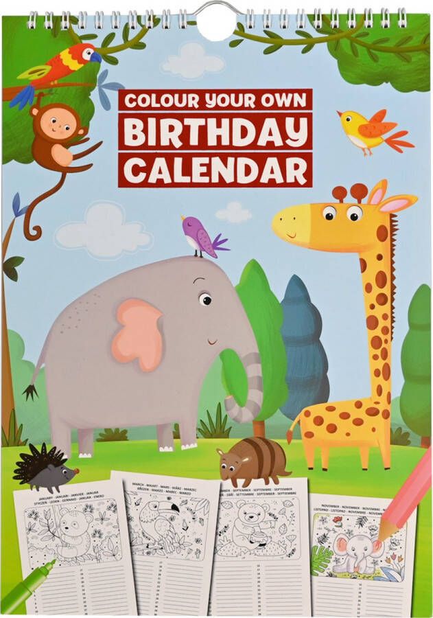 Verjaardagkalender Kleurboek Dieren 'Colour your own Birthday Calendar' Verjaardagskalender Kleuren Kleurboeken voor Kinderen Tekenboek voor Kinderen Tekenen Kinderen Kleurplaten Tekenblok voor Kinderen 12 Pagina's 21 5 x 21 cm Va