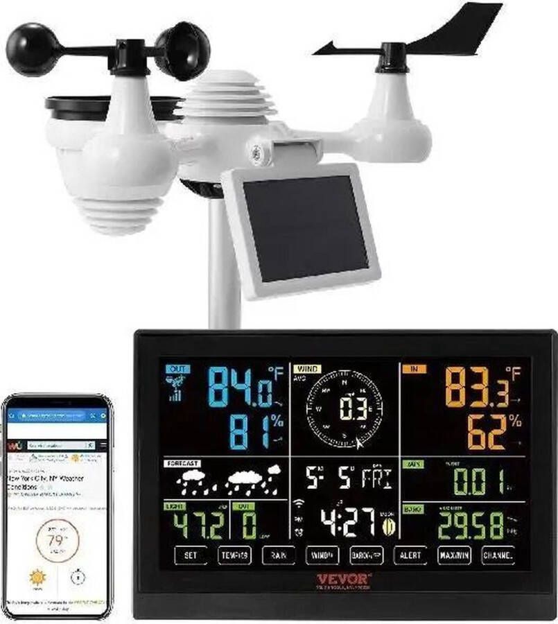 Verkoop Nederland 7-In-1 Wi-Fi Afstandsbediening- Weerstation 7.5 In Kleurendisplay Met Zonne-Energie Draadloze Outdoor Sensor Alarm Waarschuwingen Voor Temperatuurvochtigheid Zwart 20 x 13 x 29 CM