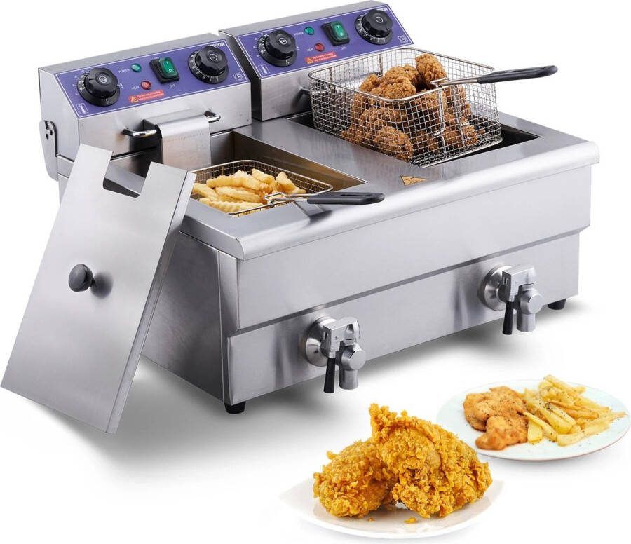 Verkoop Nederland Friteuse Dubbel Met Dubbele Tanks Roestvrijstalen Friteuse Met timer Met filter 2 x 6 liter Tot 200°C 2 x 1500 watt Koude zone Aftapkraan RVS