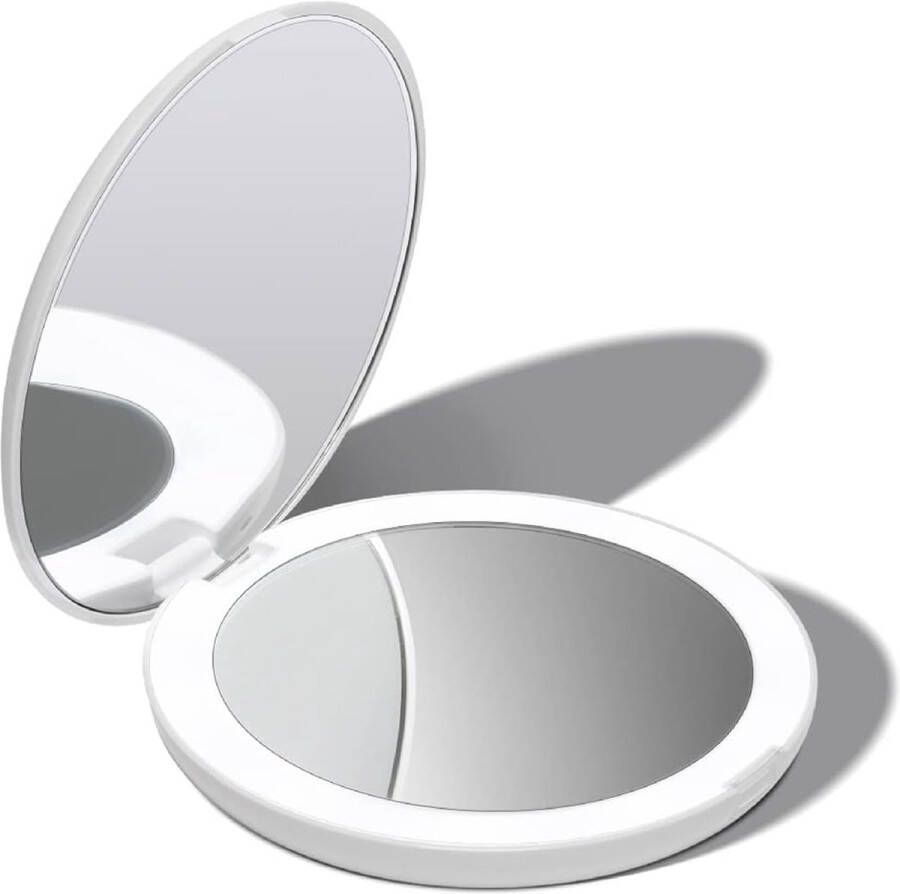 Verlichte compacte Make-up Spiegel voor op Reis 1X 10X vergroting – Daglicht LED Draagbaar Grote 127mm brede Reisspiegel met Licht Zijdewit Lumi (Wit)