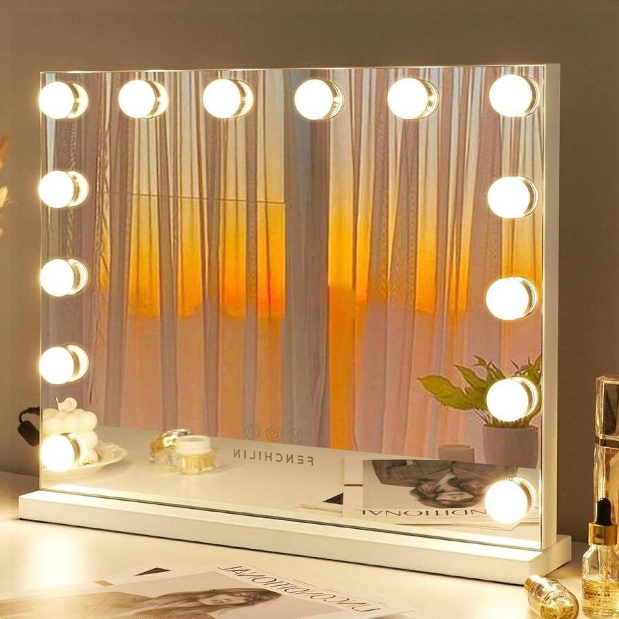 Verlichte Hollywood Spiegel met Dimbare LED Lampen en 3 Lichtstanden Wit 50x42cm