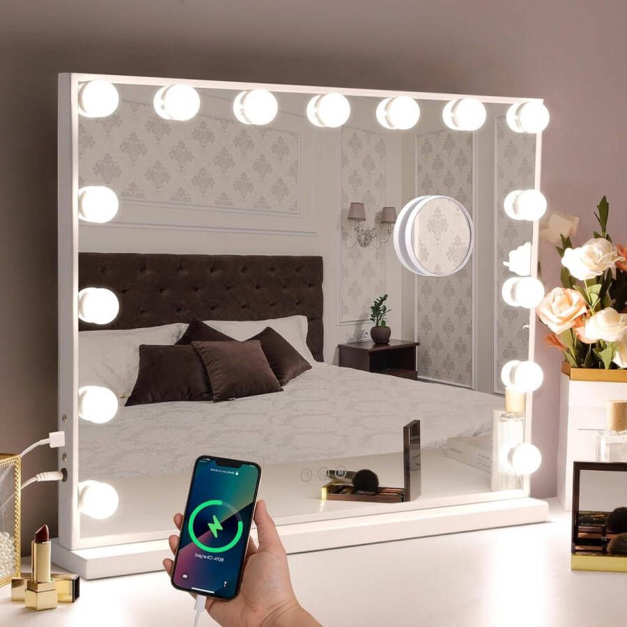 Verlichte Make-up Spiegel met 15 LED-lampen Hollywood Style USB Oplaadpoort 3 Kleurtemperaturen Grote Make-upspiegel voor Slaapkamer en Kleedkamer