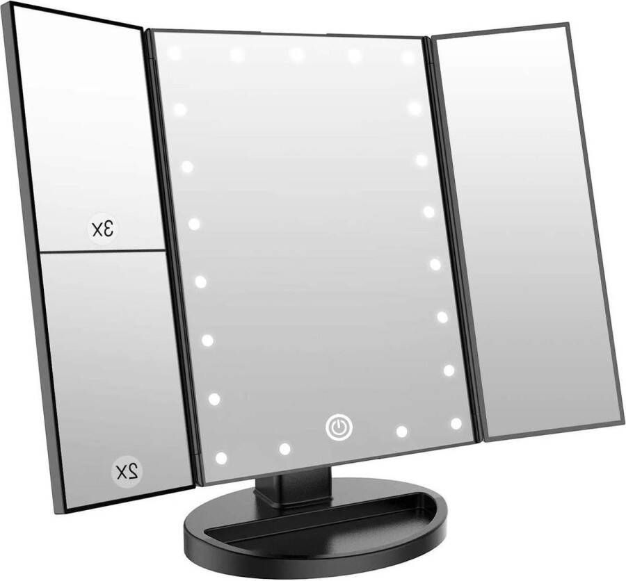 Verlichte Make-up Spiegel met 21 LED lampen Dual Power Supply 2X 3X Vergrotende LED Zwart