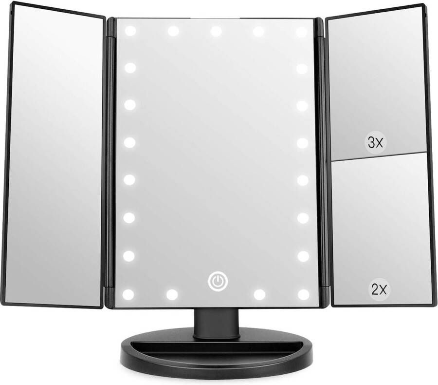 Verlichte make-upspiegel 1 x 2 x 3 x vergroting driedelige spiegel met 21 led-lampen touchscreen-schakelaar tafelspiegel met batterij en USB verkrijgbaar (zwart)