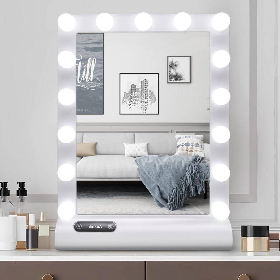 Verlichting Make up Spiegel met 15 Gloeilampen Dimbare Lichtkleuren Hollywood Regel Aanraakschakelaar Tafelblad of Muurbeugel Wit
