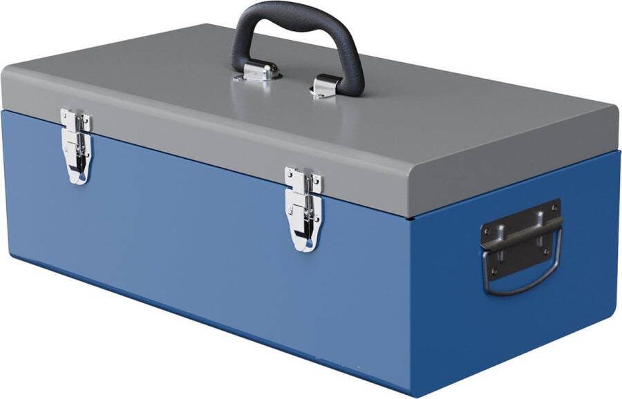 Verplaatsbare metalen gereedschapskist met 3 handgrepen 2 grendels diameter 50 l x 26 b x 18 5 cm blauw