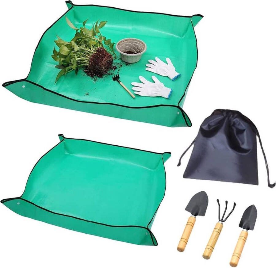 Verpotmat 2 stuks onderlaag 100 x 100 cm 50 x 50 cm verplantmat ompotset 3 stuks mini-tuingereedschap tuinklauw kleine tuinierset voor ompot vetplanten zaailingen groen