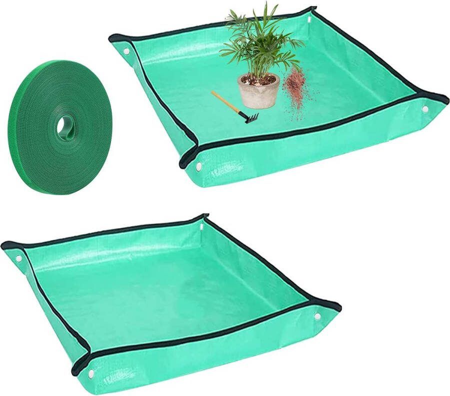 Verpotmat 2 stuks waterdichte tuinmatten plantenmatten 100 x 100 cm plantenonderlegger met 10 m plantenbinder klittenband tuingereedschap voor verpot vetplanten zaailingen (groen)