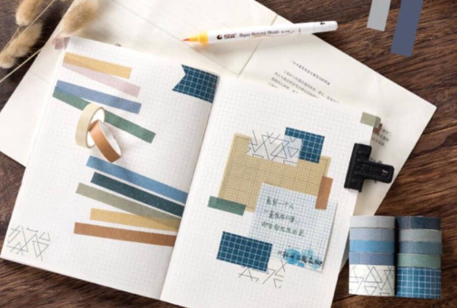 Verschillende Washi Tapes 10 Washi Tapes Mix Doosje Groen Blauw Grijs Driehoeken Ruitjespapier Patronen Masking Tapes Bullet Journal Journalling Versieren Inpakken Plakboeken Plakband Washi Tape Bullet Journal