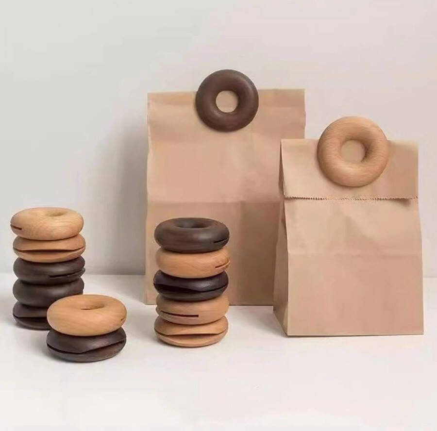 Vershoudclips Zak Afsluiters Afsluitclips Herbruikbaar Hout Duurzaam 6 Stuks Voedsel Chips Brood Meel Pasta Rijst Klemmen Vers Afsluiten Rond Donut Vorm