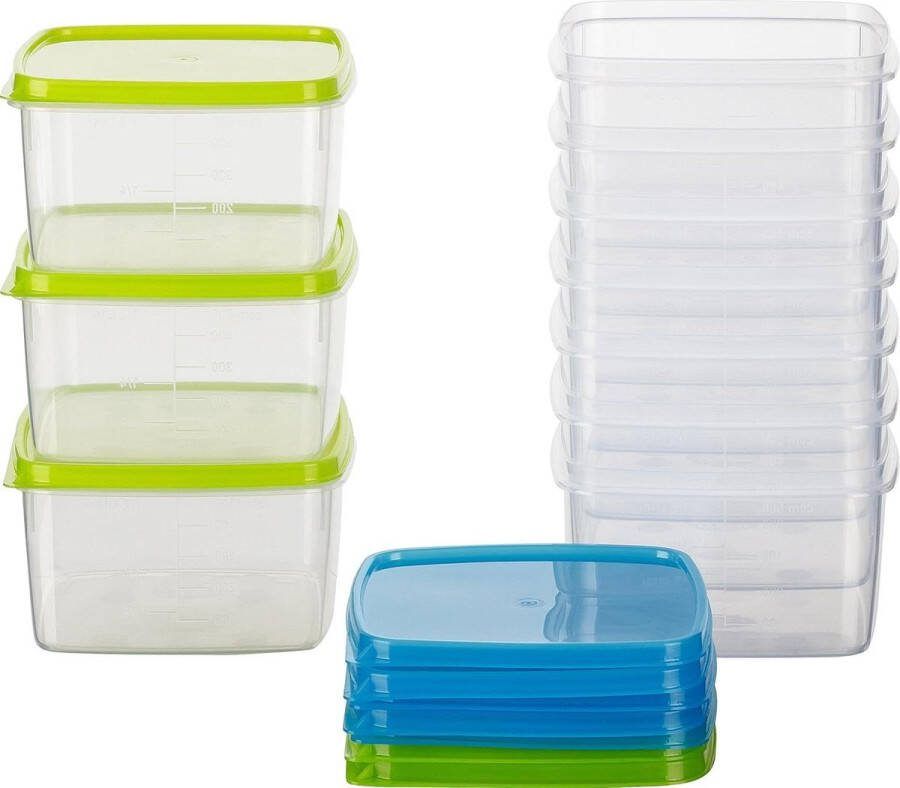 Vershouddoos vierkant diepvriescontainer 0.5 liter 11x11x64 cm 10 stuks blauw en groen diepvriesdozen