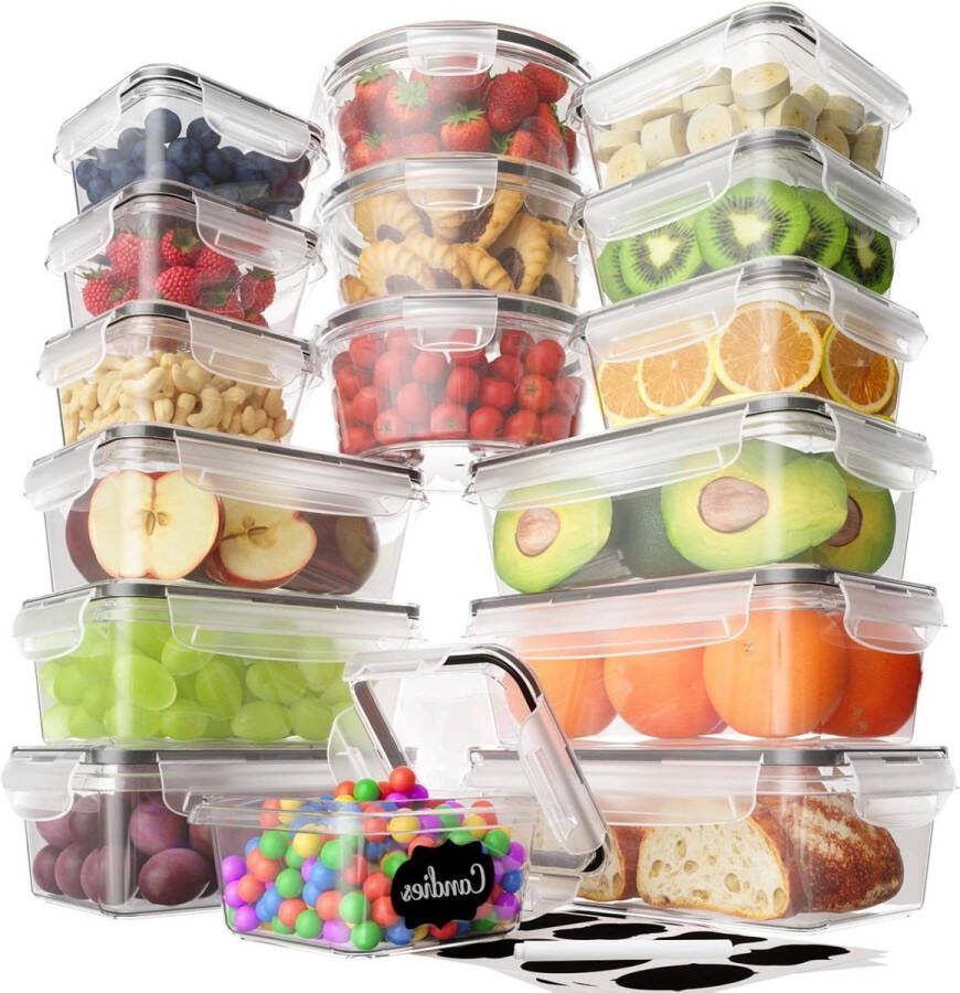 Vershouddozen 32-delig luchtdicht kunststof voedselcontainer vriesdozen magnetronbestendig opbergdoos 1 l 840 ml 700 ml 550 ml 350 ml diepvriesdozen