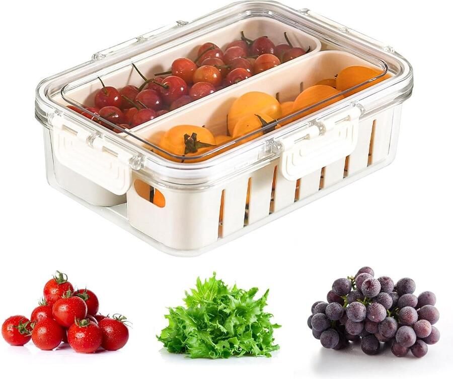 Vershouddozen fruit koelkastorganizer Koelkastdozen met deksel en afneembare afwateringsmand voor keuken kasten en eetkamer