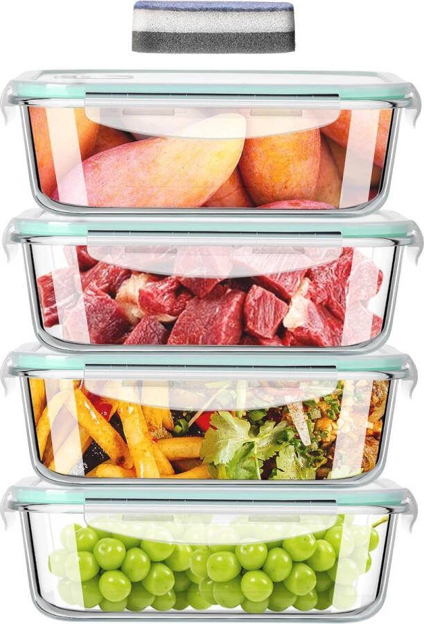 Vershouddozen glas met deksel voorraaddozen van glas met deksel lekvrije glazen potten met deksel glazen kom met deksel glazen container met deksel 4-delig 2260 ml BPA-vrij maaltijdprep