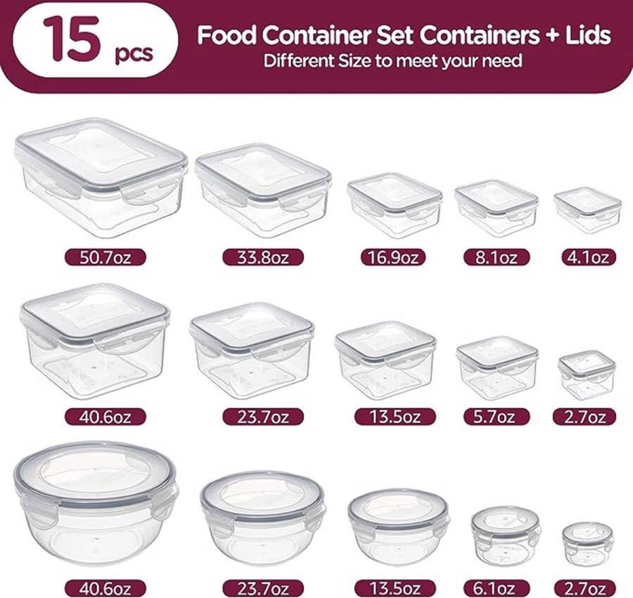 Vershouddozen met deksel set voorraaddozen 30-delige opbergbox (15 containers + 15 deksels) keuken lekvrij voedselcontainers set voor magnetron vriesvak