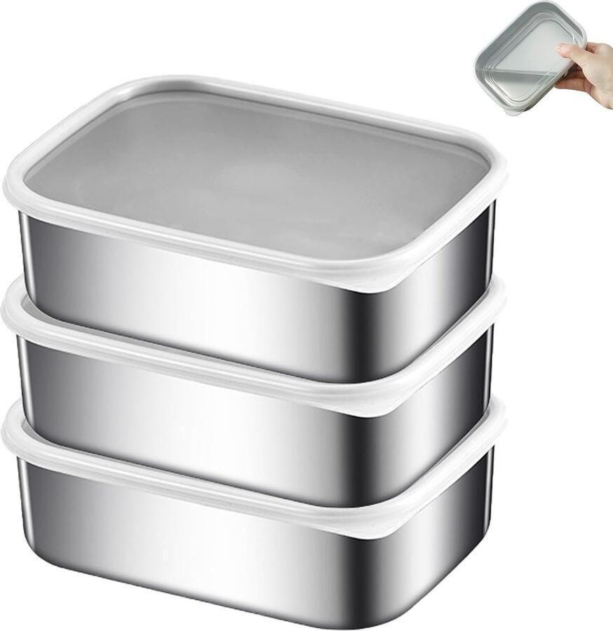 Vershouddozen roestvrij staal set van 3 verse voedseldozen vriescontainer BPA-vrij vaatwasser vriezer ovenveilig (2400 ml set van 3)