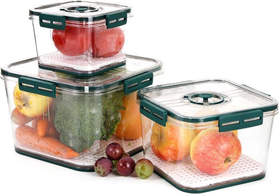 Vershouddozen set 3-delige voorraaddozen set rechthoekig 1 l + 2 5 l + 5 l kunststof koelkast organizer set voorraaddozen met deksel en timing design (donkergroen)