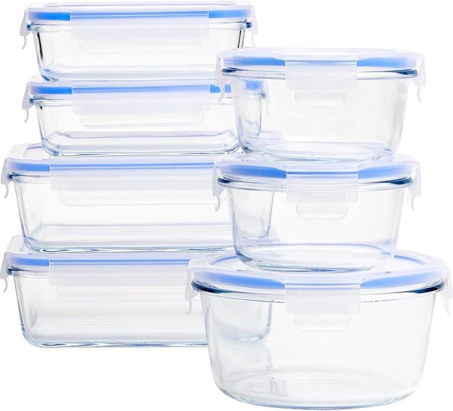 Vershouddozen van glas levensmiddelen verpakking 14 stuks (7 containers + 7 deksels) BPA-vrij transparant blauw