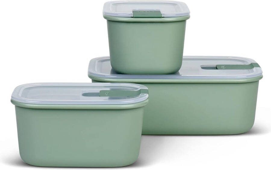 Vershouddozenset 3-delig – kom met deksel en kliksluiting – geschikt voor magnetron stoompan koelkast en vriezer – 2 x 450 ml + 1000 ml – Nordic sage