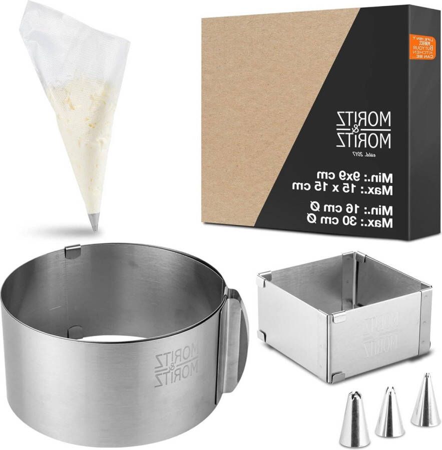 Verstelbaar Bakframe 9-15 cm en Taartring Ø 16-30 cm van Roestvrij Staal 10 Spuitzakken en 3 Opzetstukken Cake ring