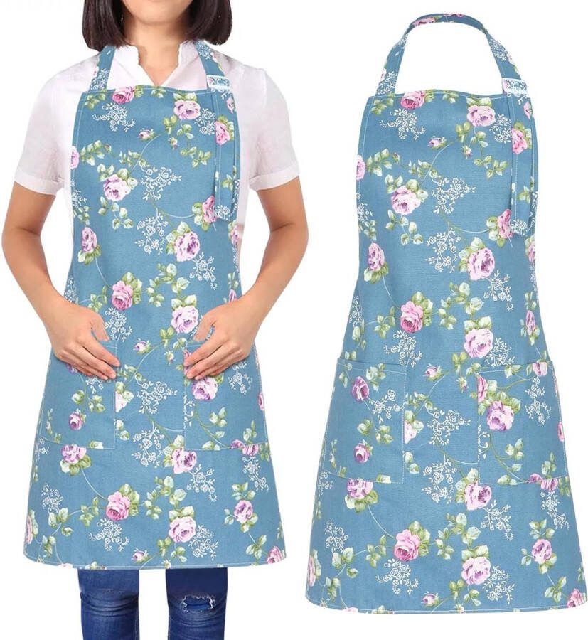 Verstelbaar damesschort met bloemenprint Schorten voor vrouwen met zakken voor koken bakken tuinieren barbecue roze