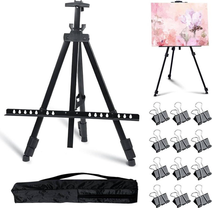 Verstelbaar en inklapbaar lichtgewicht aluminium statief Ezel 55-145 cm met 12 bindclips