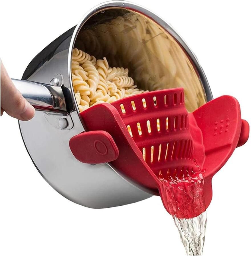 Verstelbaar Siliconen Clip Op Pasta Vergiet Hittebestendig en Handsfree Rood Vergiet