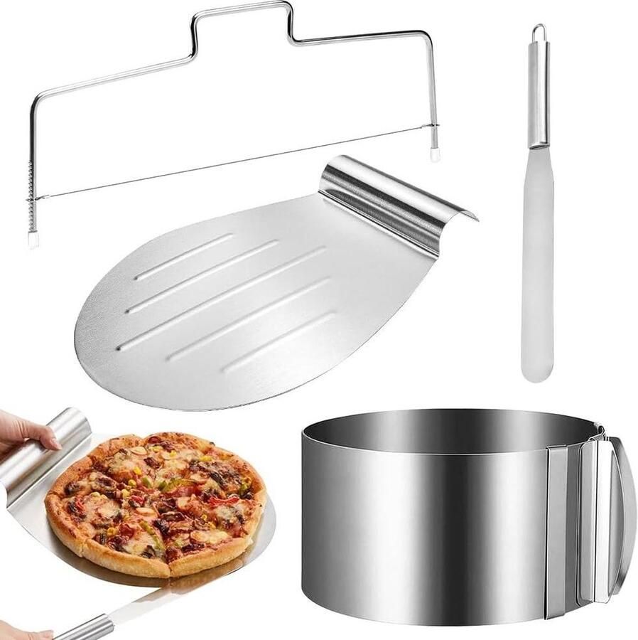 Verstelbare Bakring van Roestvrij Staal Taartaccessoireset 4 Stuks Taartring Taartbodem Snijhulp Gekartelde Snijdraad Cake ring