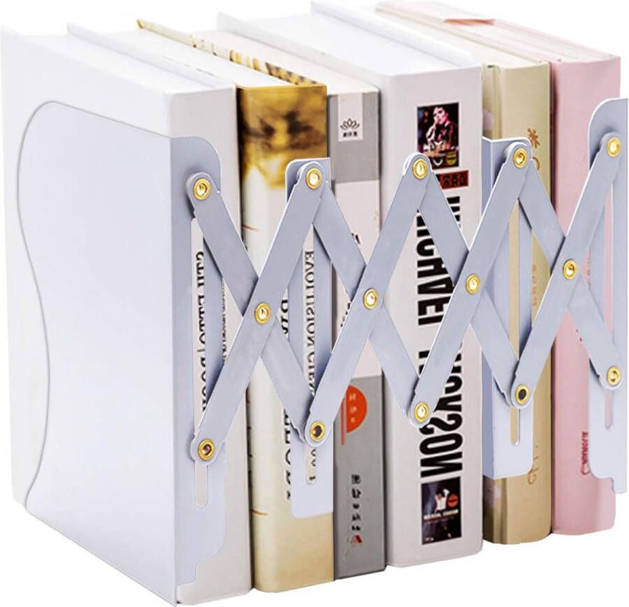 Verstelbare boekenhouder boekeinden voor zwaar boek magazijnbestandshouders voor bureau plank kantoor briefpapier verlengt tot 19 inch (wit)