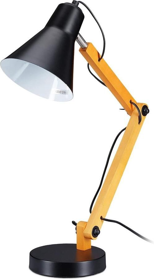 Verstelbare bureaulamp met retro houten scharnierarm en draaibare kap E27 tafellamp zwart oranje