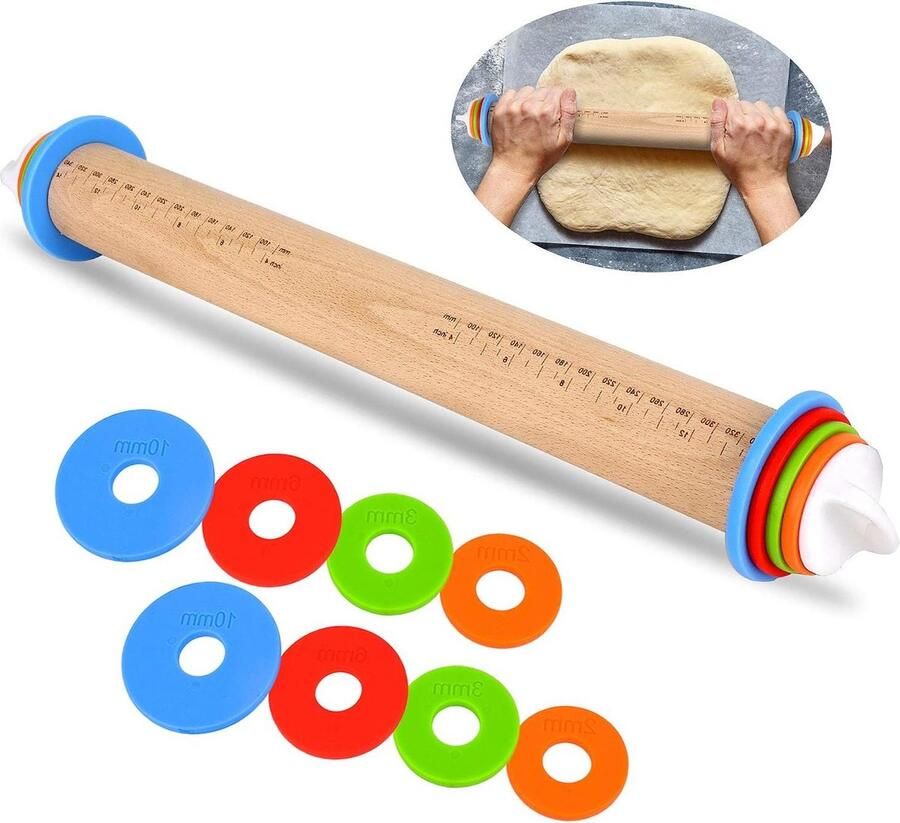Verstelbare deegroller met afneembare ringen bakken bakaccessoires antiaanbaklaag beukenhout 36 cm