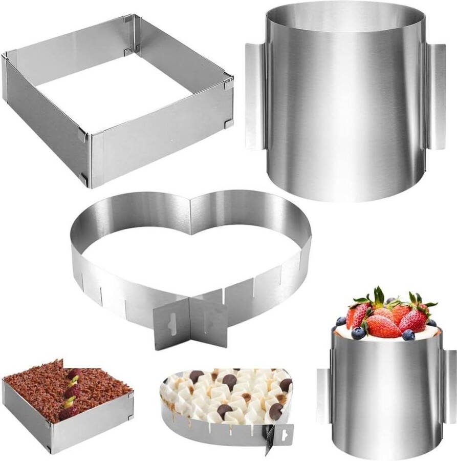 Verstelbare Gohytal Taartring Hoogte 20 cm Roestvrij Staal Set van 3 Bakringen Hoekig Diameter 4-6 cm Rond 16-30 cm Hartvormig Bakvorm Bakframe Bakken Taarten Cake ring