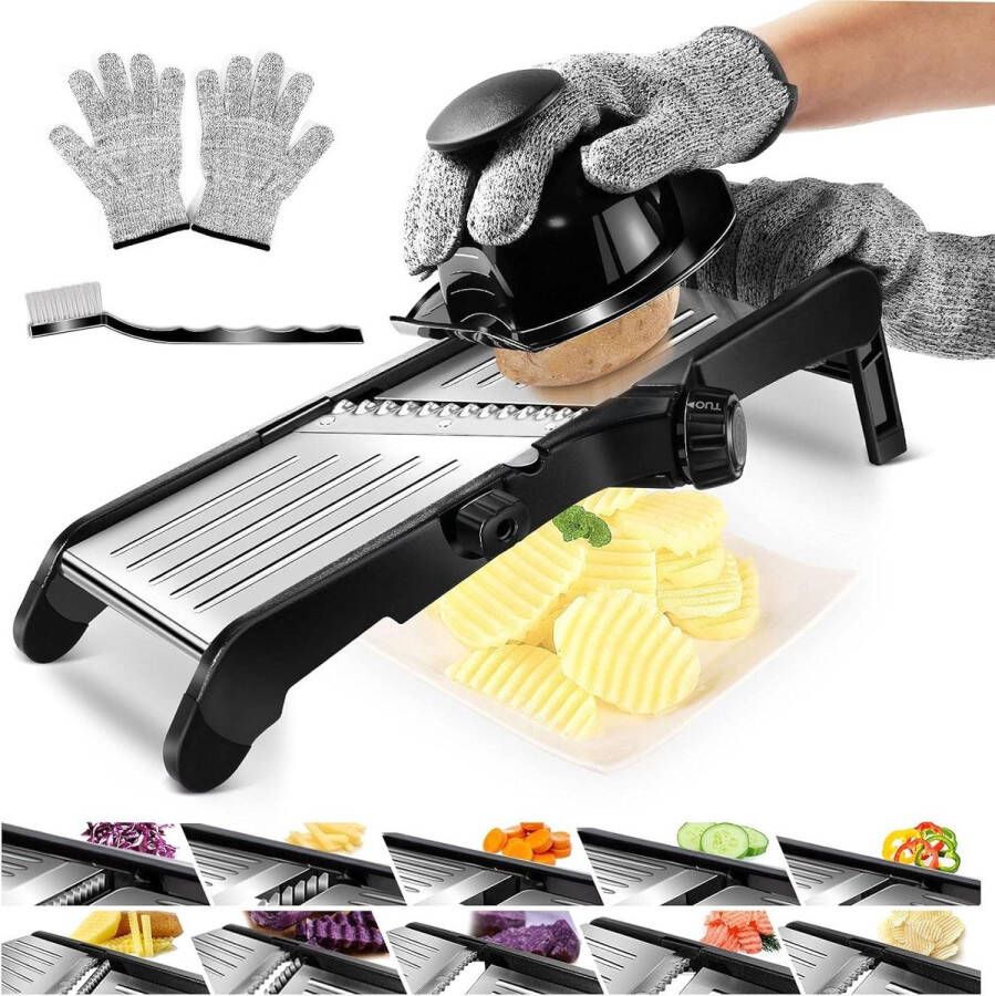 Verstelbare Groentesnijder Mandoline Slicer van Roestvrij Staal met Gekarteld Lemmet en Handschoenen