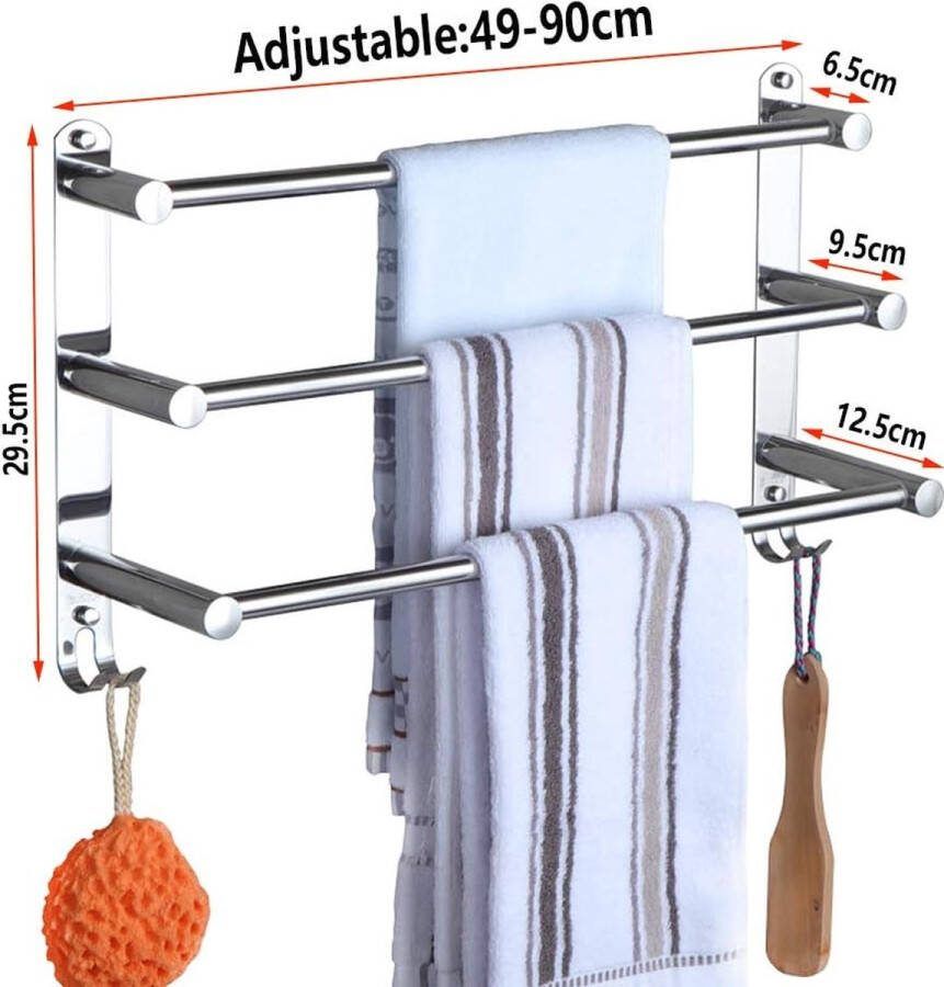 Verstelbare Handdoekenrek 3-Tier Bad Handdoekenrek SUS 304 Rvs Handdoek Planken met Haken Wandgemonteerde Handdoekhouder Handdoekstang voor Keuken Badkamer 49-90CM Chroom