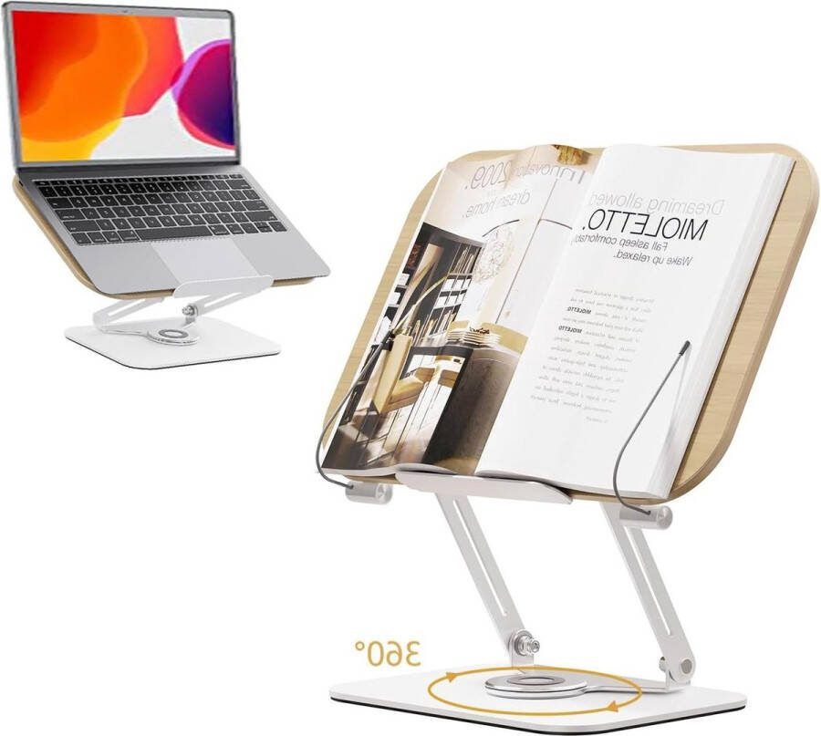 Verstelbare houten boekenstandaard 360 graden draaibare leesstandaard met opvouwbare basis kookboekhouder voor iPad tablet recepten bladmuziek aktetas