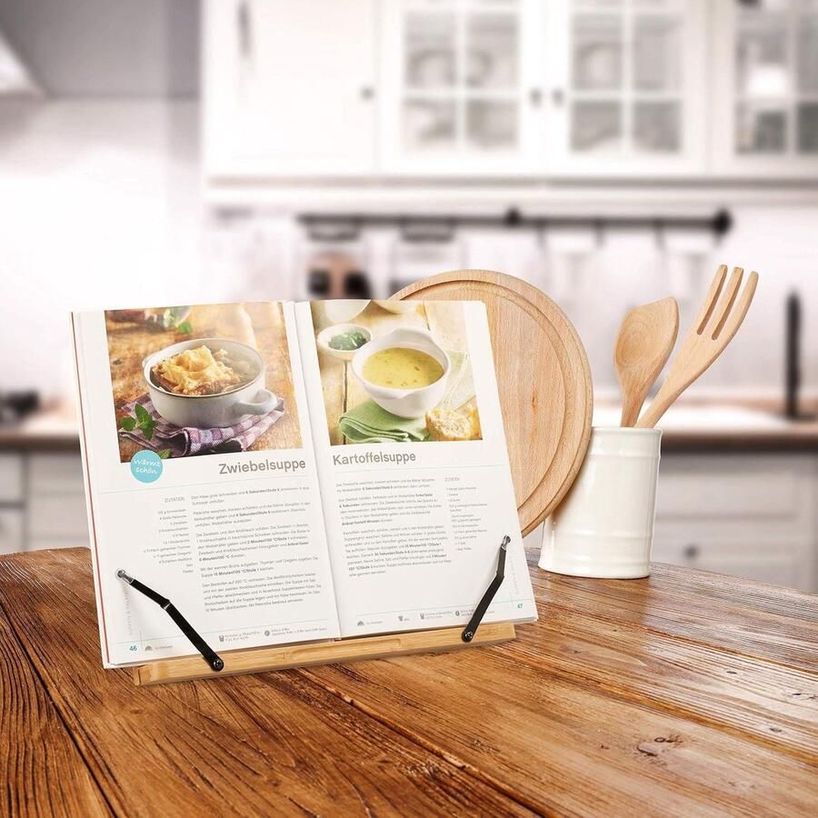 Verstelbare kookboekstandaard van bamboe 5 standen inclusief 2 klemmen voor papier HBD 24x34x21 cm natuurlijk houtkleur