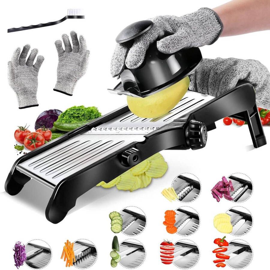 Verstelbare Mandoline Food Slicer Professionele Julienne Snijmachine voor Aardappel en Komkommer met Stuur Veiligheidshandschoenen & Reinigingsborstel